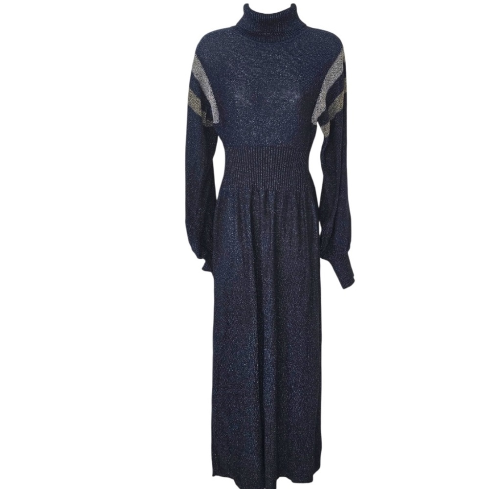 Free People Vintage Party Navy Marin Shimmer Turtleneck Maxi Dress Long Sleeve